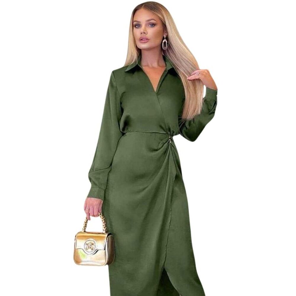 AX Paris Womens/Ladies Satin Midi Shirt Dress / Olive